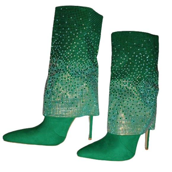 Vivianly Womens Pointed Toe Stiletto Heel Rhinestones Mid-Calf Boots Size 8 - Picture 1 of 9